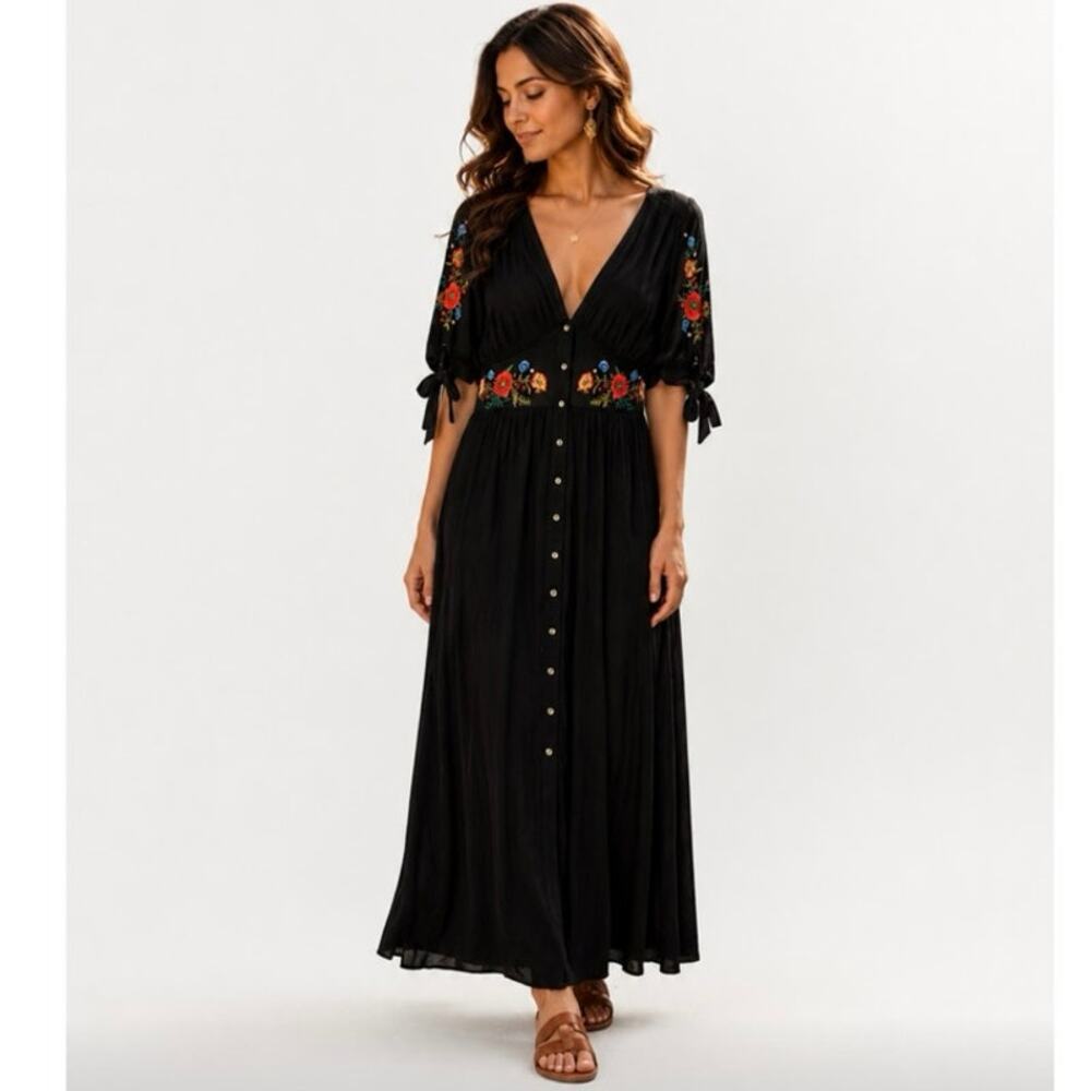 ASOS Black Embroidered Floral Maxi Dress Button Front Boho Festival US 6